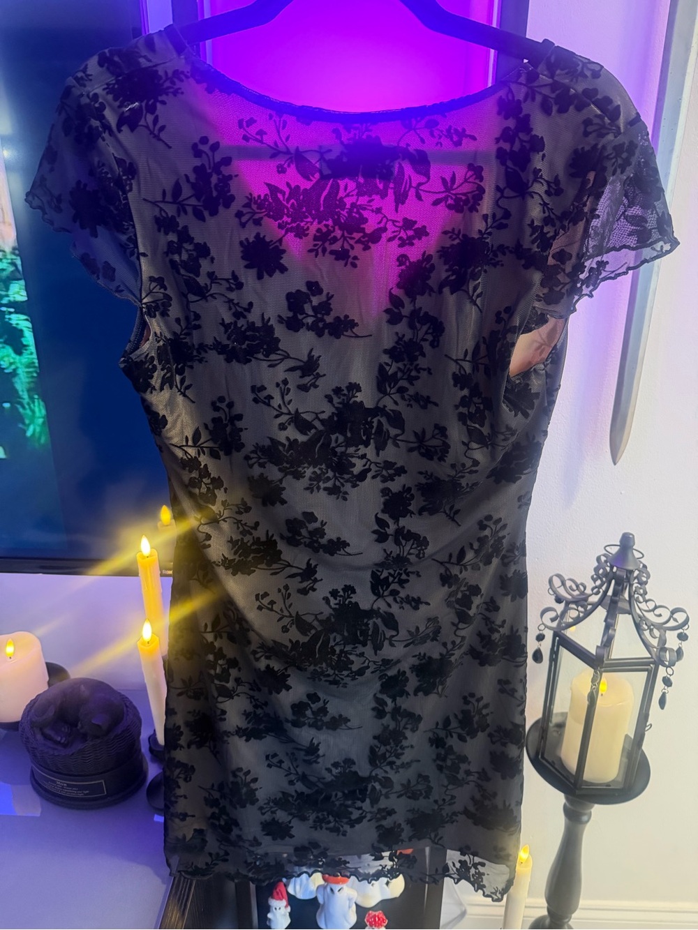 Cider Black Floral Mesh V-Neck Mini Dress with Sheer Overlay NWT M - Picture 8 of 11